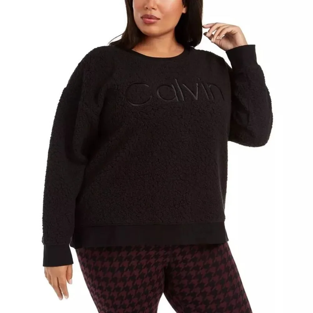 Calvin Klein Womans Med Performance Wick Sherpa Crew Sweatshirt Black‎